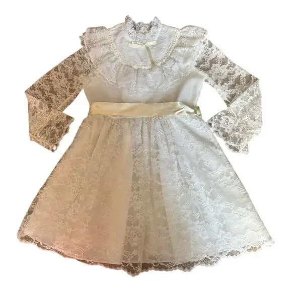 Vintage Merry Girl party dress white lace ruffles & JCPenney slip USA made  age 7